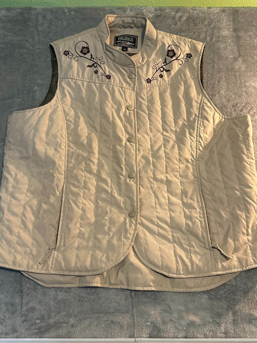 Vintage Outback Trading Co Quilted Floral Embroidered Western Vest Tan XL